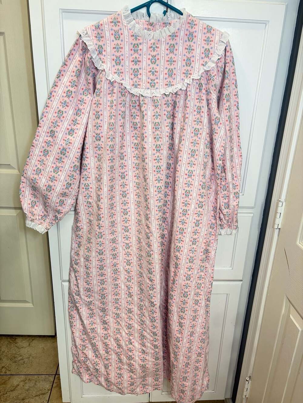 L.L. Bean Pink Floral Flannel Long Sleeve Nightgown with Lace Trim